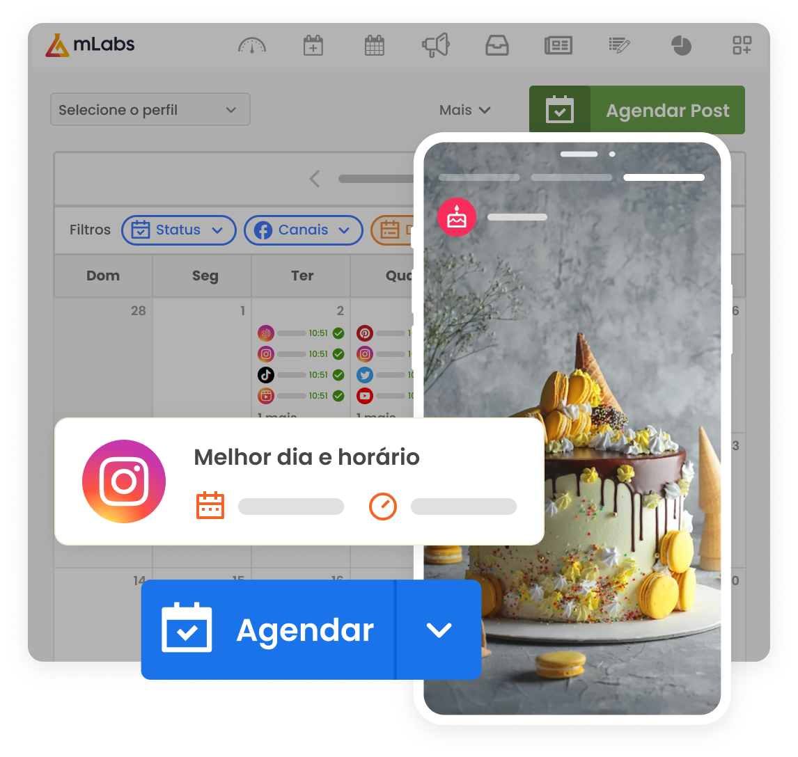 Imagem mostra o calendário de posts da mLabs. Sobre ele Card com melhor dia e horário para postar no Instagram, botão agendar e prévia de um post.