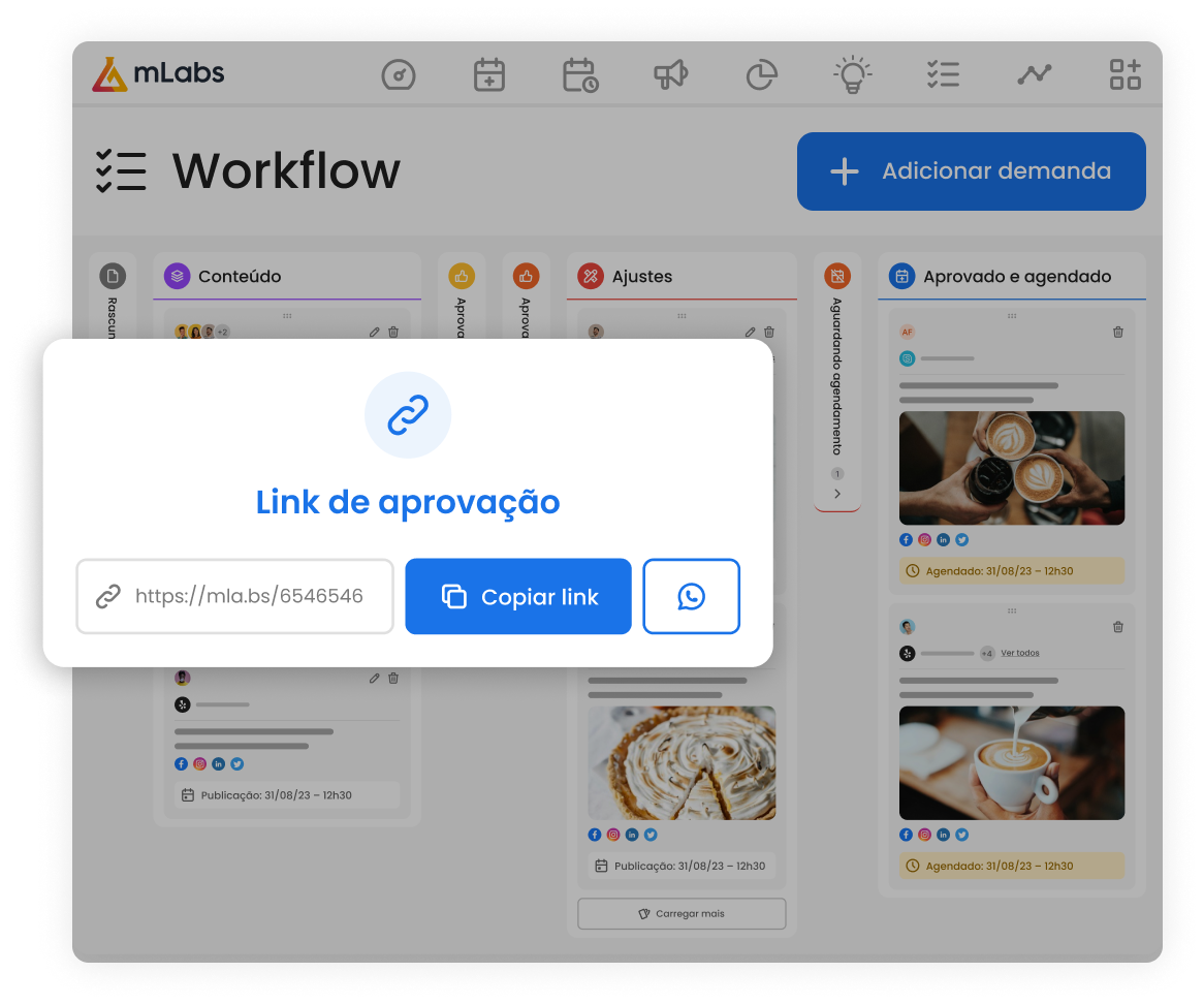 Imagem mostra tela de gestão do fluxo de trabalho da mLabs com destaque para criação do link de aprovação de post.